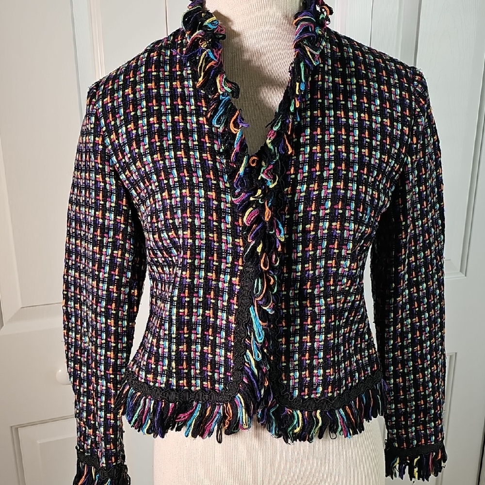 Multicolor Tweed Women's Jacket, Y2k 4P. Lined